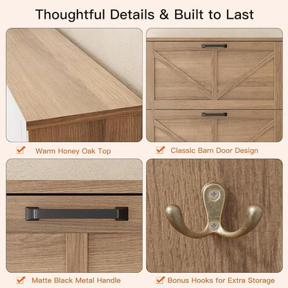 Nicetree Freestanding Shoe Cabinet for Entryways – Shaker Barn Door Style, 3 Flip Drawers, Ultra Slim 9.5" Depth – Farmhouse Shoe Rack with 3 Adjustable Shelves – Caramel Organizer for Hallway & Foyer