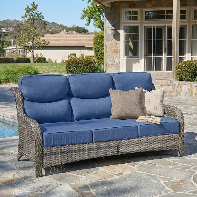 Belord Luxury 6" Thick Cushioned PE Wicker 3-Seater Outdoor Couch, All-Weather Comfortable Modern Patio Sofa, High Back Deep Seat Woven Outdoor Furniture for Porch Balcony, Lawn, Deck - Greyblue