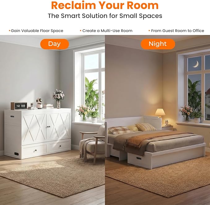 CECER Murphy Bed Queen with Mattress Included for Guest/Small Space-White | Built-in Multi-Port Charging Station ＆ Large Storage Drawer，Space Saving ＆ Easy Assemble and Conversion