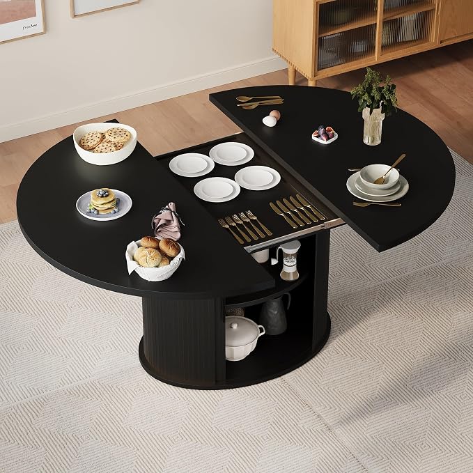 Dining Table for 4-6, 63“Extendable Round Dining Room Kitchen Table with 2-Tier Storage Shelf, Fluted Wood Table with Slide Door, Expandable Wood Oval Dinner Furniture with Pedestal Base (Black)