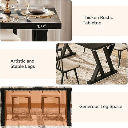 Solid Wood Dining Table for 4-6 People, 63 Inches Wooden Farmhouse Rectangular Kitchen Dinner Table with Heavy-Duty Legs for Home, Living Room, Dining Room, Black