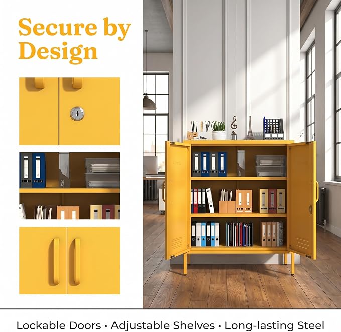 Multipurpose Accent Cabinet Locker, Metal Storage Cabinet with 2 Adjustable Shelves, Heavy Duty & Lockable Organizer Made of Thickened Steel, Easy Assembly for Home, Entryway, Yellow