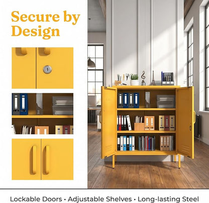 Multipurpose Accent Cabinet Locker, Metal Storage Cabinet with 2 Adjustable Shelves, Heavy Duty & Lockable Organizer Made of Thickened Steel, Easy Assembly for Home, Entryway, Yellow