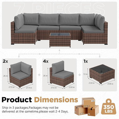LHBcraft Patio Furniture Set with Rain Cover,7 Pieces Outdoor Wicker Rattan Patio Furniture, Wicker Rattan Outdoor Sectional Sofa Set with Coffee Table for Garden, Poolside Taupe-Grey