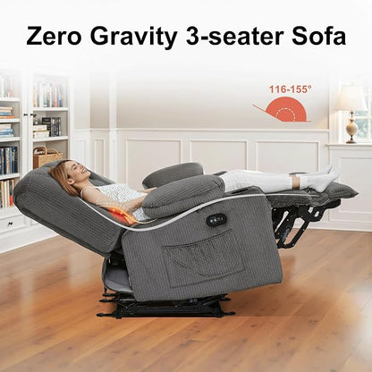 MCombo Zero Gravity Power Reclining Sofa with Heat and Vibration Massage, 3 Seater Reclining Couch with USB Ports, Cup Holders for Living Room, Fabric PR648SET (Grey)