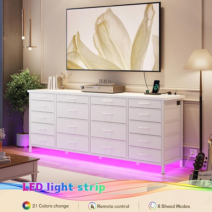 EnHomee 63" W White TV Stand for Living Room, 18 Drawers, LED & Charging | Long Dresser for 65"-75" TV, Deep Drawer, Spacious Storage, Drawers Glide, No Wobbling, Anti-tip, Easy Assembly, Wipes Clean