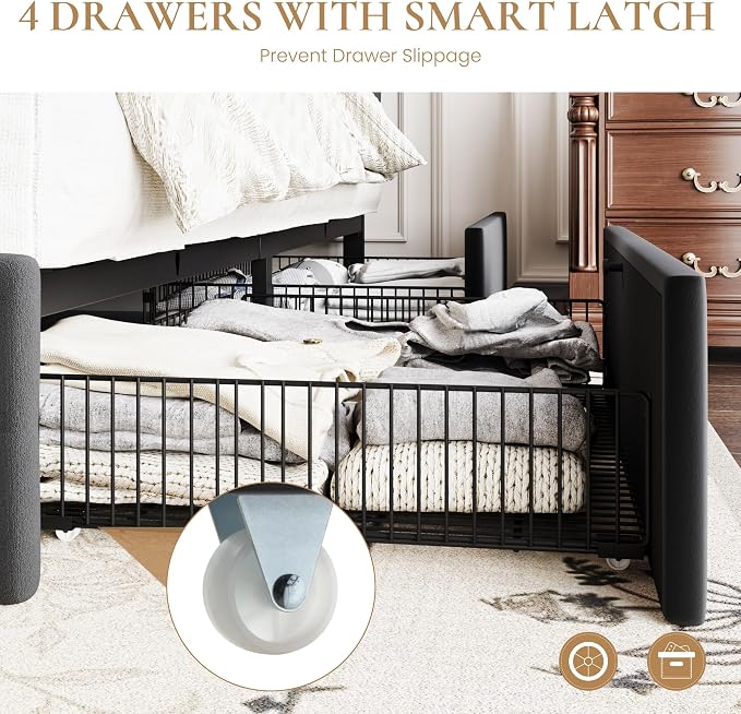 SHA CERLIN Queen Platform Bed Frame with 4 Oversized Storage Drawers, Adjustable Headboard with Velvet Upholstery, Square Button Tufted Design, Wooden Slat Support, No Box Spring Needed, Black