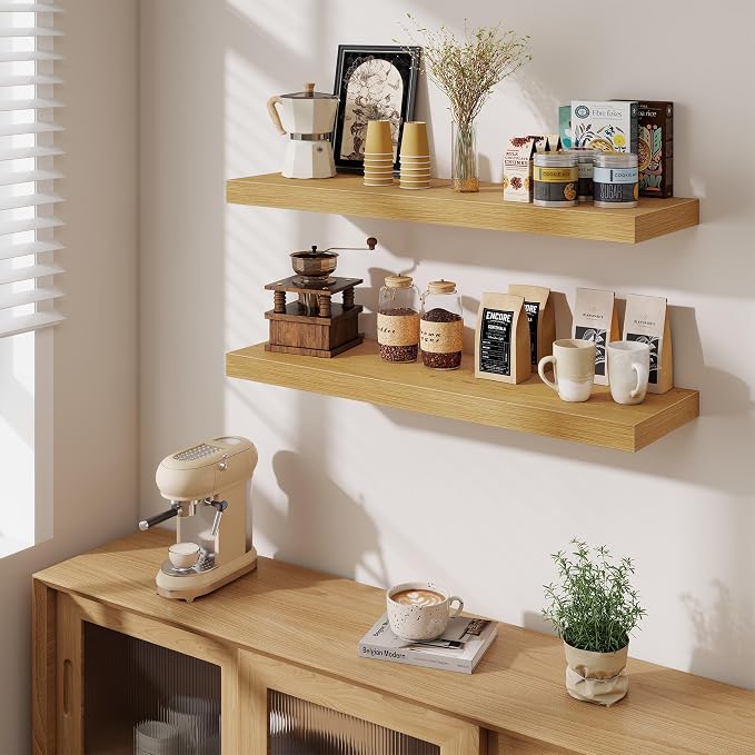 Fun Memories Floating Shelves for Wall 36 Inches, Wood Shelves with Invisible Bracket, 10" Deep Shelves Wall Mounted, Large Wood Floating Shelves for Living Room Bathroom, Oak, Set of 3