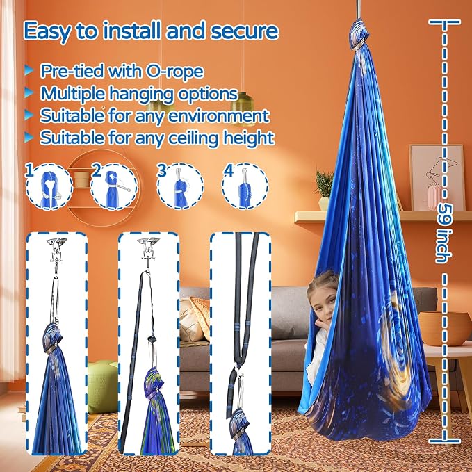 Sensory Swing for Kids and Adults Indoor & Outdoor Double Layer Therapy Cuddle Holds up to 300lbs Adjustable Hammock Chair with 360° Swivel Hanger Kit Effect for Aspergers Autism ADHD(Ocean Blue)