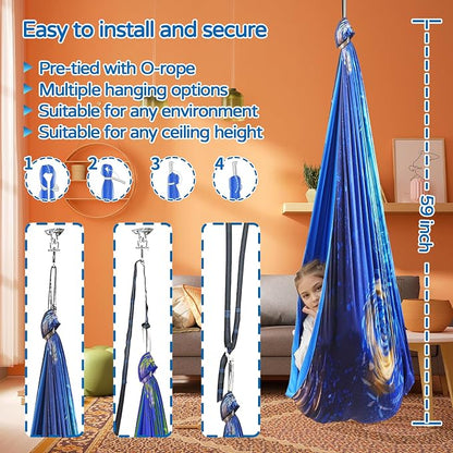 Sensory Swing for Kids and Adults Indoor & Outdoor Double Layer Therapy Cuddle Holds up to 300lbs Adjustable Hammock Chair with 360° Swivel Hanger Kit Effect for Aspergers Autism ADHD(Ocean Blue)