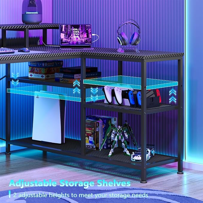 YOMILUVE L Shaped Gaming Desk with Drawers & Storage Shelves, Corner Gaming Desk with Power Outlets & LED Light, Reversible Computer Desk with Monitor Stand & Hooks, Carbon Fiber Black