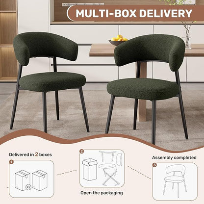 Dining Chairs Set of 6, Mid Century Modern Kitchen Chairs, Boucle Upholstered Dining Chair with Curved Backrest & Metal Legs for Kitchen Dining Room, Green