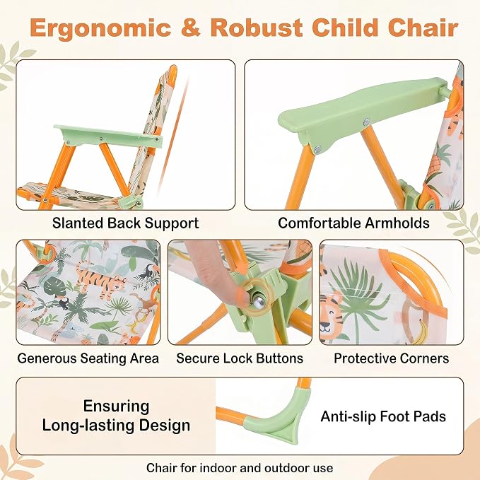 HONEY JOY Kids Picnic Table, Animal Themed Toddler Outdoor Table and Chair Set, 2 Folding Chairs & Removable Umbrella, Children Outdoor Furniture for Backyard Patio Garden (Green Tiger)