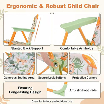 HONEY JOY Kids Picnic Table, Animal Themed Toddler Outdoor Table and Chair Set, 2 Folding Chairs & Removable Umbrella, Children Outdoor Furniture for Backyard Patio Garden (Green Tiger)