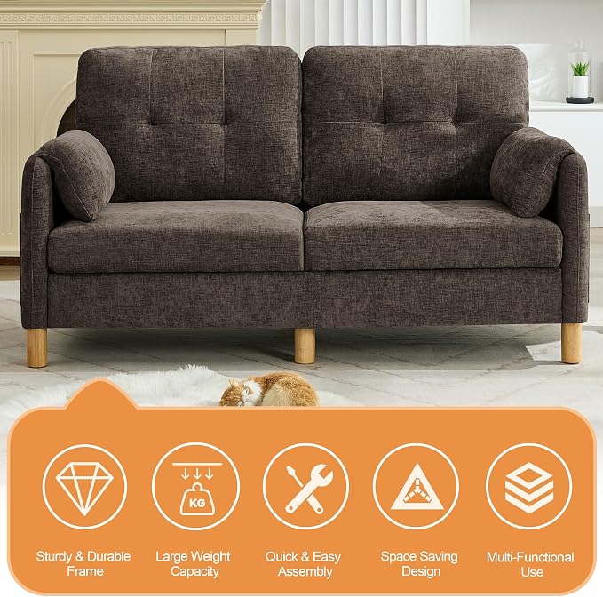WUTUTUEE 65" Chenille Loveseat Sofa, Modern 2-Seater Love Seat Couch with Armrest Pillows, Storage Pockets, Easy Assembly, Upholstered Tufted Loveseat Couches for Living Room Bedroom, Brown