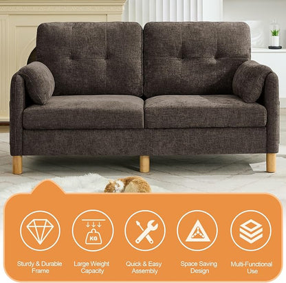 WUTUTUEE 65" Chenille Loveseat Sofa, Modern 2-Seater Love Seat Couch with Armrest Pillows, Storage Pockets, Easy Assembly, Upholstered Tufted Loveseat Couches for Living Room Bedroom, Brown