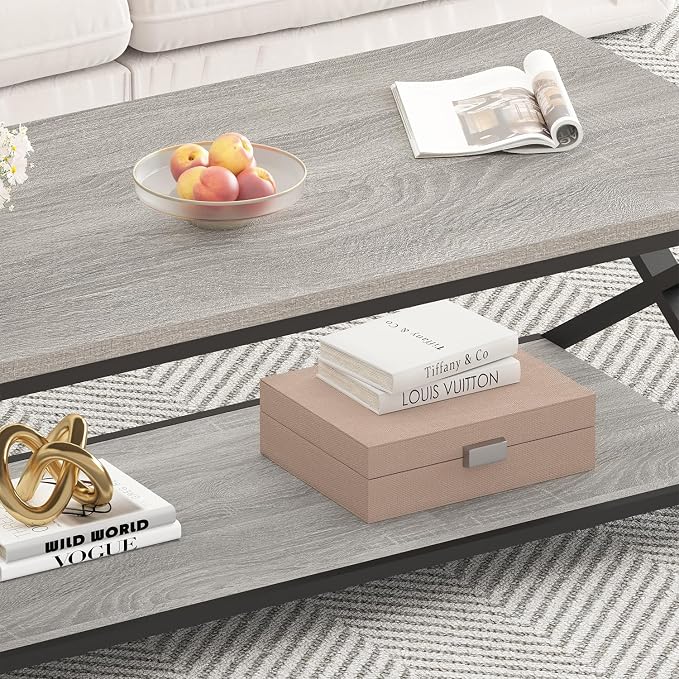 HSH Rustic Grey Coffee Table, Modern Minimalist Living Room Table with Storage Shelf, Industrial Simple Metal Wooden Center Table, 2 Tier Rectangle Cocktail Tea Table for Home Office Bedroom, 39 Inch