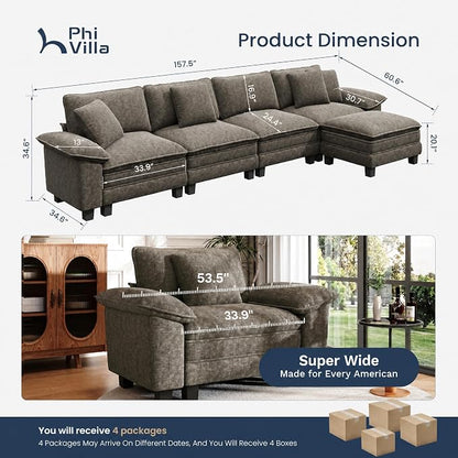 PHI VILLA Cloud Modular Couch Sets, 157.5" Oversized Sectional Sofa with L-Shaped Chaise, 5-Seater Upholstered Couches with Movable Ottoman for Living Room, Chenille Smoky Grey