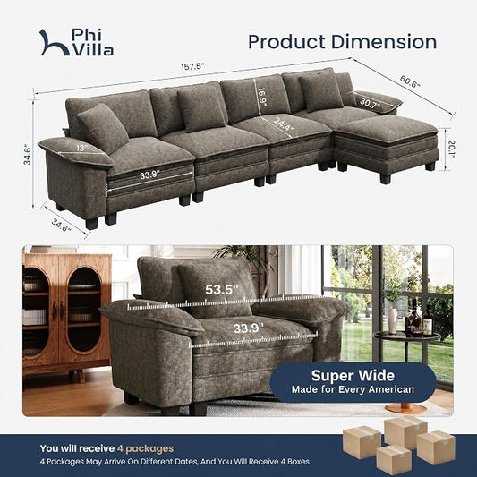 PHI VILLA Cloud Modular Couch Sets, 157.5" Oversized Sectional Sofa with L-Shaped Chaise, 5-Seater Upholstered Couches with Movable Ottoman for Living Room, Chenille Smoky Grey