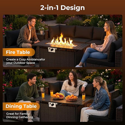 LAFWELL 8-Piece Wicker Patio Conversation Set with 44" Propane Fire Pit Table, Cozy Outdoor Sectional Sofa for Backyard Gatherings, Poolside Lounging & Garden Parties