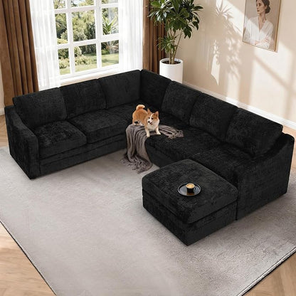 115 Inches Chenille Sectional Sofa with Storage Ottoman, Modern 7 Seats Corner Couch with Deep Seat, Comfy Modular U Shaped Couch with Comfortable Cushions for Living Room, Black