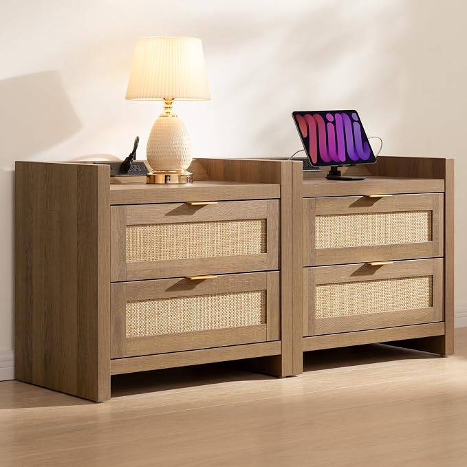 SICOTAS Bed Night Stand Set of 2 - Rattan Nightstands with Type-C Charging Station, 2 Storage Drawers - Boho Bedside Tables End Table for Small Space - Natural Oak