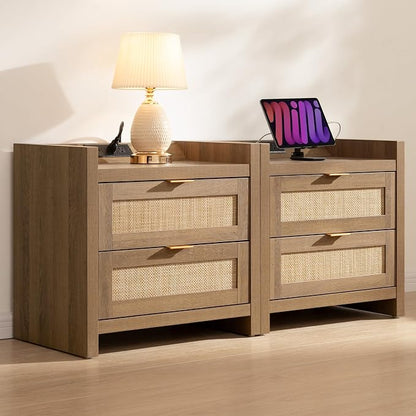 SICOTAS Bed Night Stand Set of 2 - Rattan Nightstands with Type-C Charging Station, 2 Storage Drawers - Boho Bedside Tables End Table for Small Space - Natural Oak