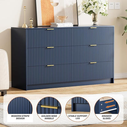 Furniway Navy Blue Dresser for Bedroom, Modern Dresser with 6 Drawers and Smooth Slides, Wide Chest of Drawers with Golden Handles for Bedroom, Living Room, Closet, 15.7" D x 55.1" W x 31.4" H