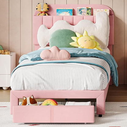 GarveeHome Twin Bed Frame with Drawer, Velvet Upholstered Platform Bed Frame with Storage Headboard, No Box Spring Needed, Easy Assembly, Noise-Free, Pink