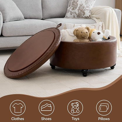WUTUTUEE 30Inch Round Storage Ottoman with Tray, Modern Tufted Leather Circle Coffee Table with Storage, Upholstered Ottoman with Removable Top for Living Room, Bedroom, Leather Coffee