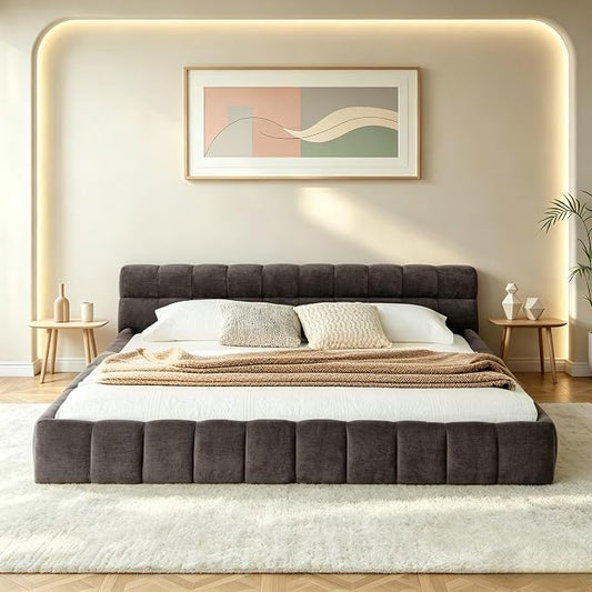 KEIKI Queen Thick Chenille Platform Bed Frame with Upholstered Tufted Headboard, Modern Solid Wood Floor Platform for Bedroom, No Box Spring Needed
