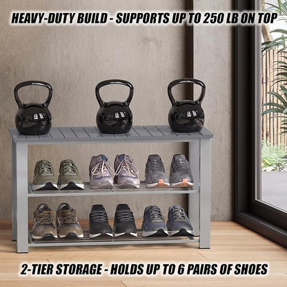 Simple Houseware Wood Top Shoe Storage Bench for Entryway, Grey