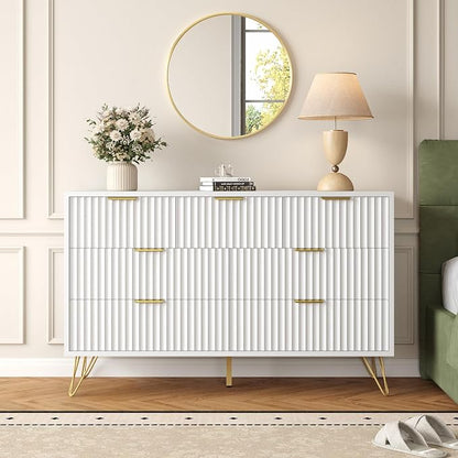 White Dresser for Bedroom, 7 Drawers Dresser with Golden Handles, Modern Wood Chest for Living Room, Hallway, Entryway