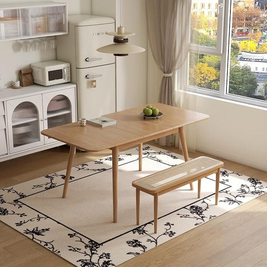 47’’-63’’ 100% Oak Extendable Dining Table and Bench Set for 2, Solid Wood Folding Kitchen Table, Mid Century Modern Dinner Table for Kitchen, Living Room, Natural (47''-63''+39''Rattan Bench)