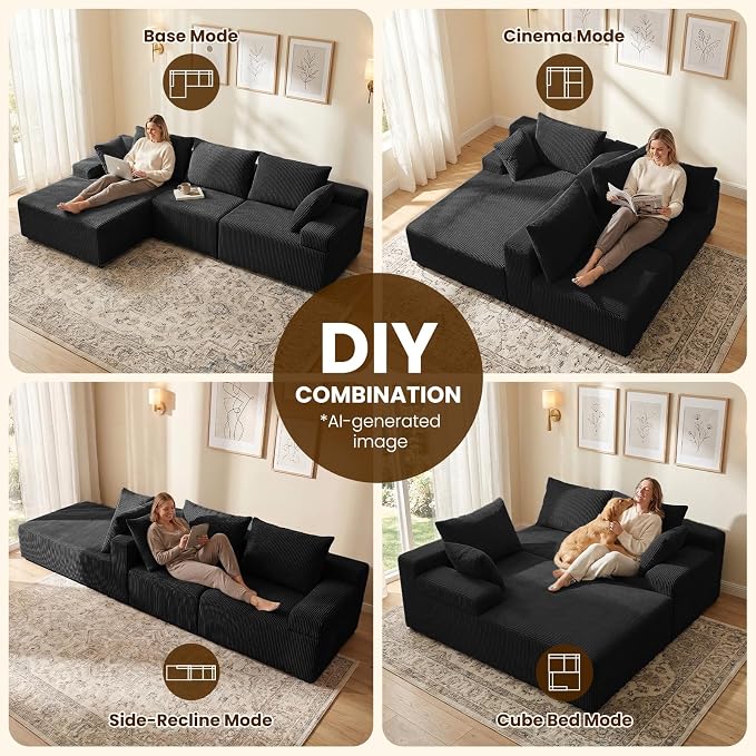 kinmars 108" Boneless Sectional Couch,Corduroy Cloud Couch Sectional for Living Room,Modern L Shaped Modular Sectional Couch,3 Seater Sofa (Black, 108.9" L Shaped with Left Facing Chaise)