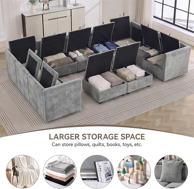 130" Light Grey Oversized Modular Storage Sofa, U Shaped Chenille Couch | Oversized Convertible Sectional Sofa, 9-Seat Sectional Couch With 2 Ottomans, Large Cloud Couch For Living Room, Apartment.
