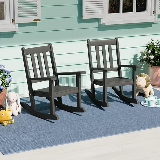 Costaelm Paradise Kids Outdoor Preschool HDPE Plastic Rocking Chair (Set of 2), Gray