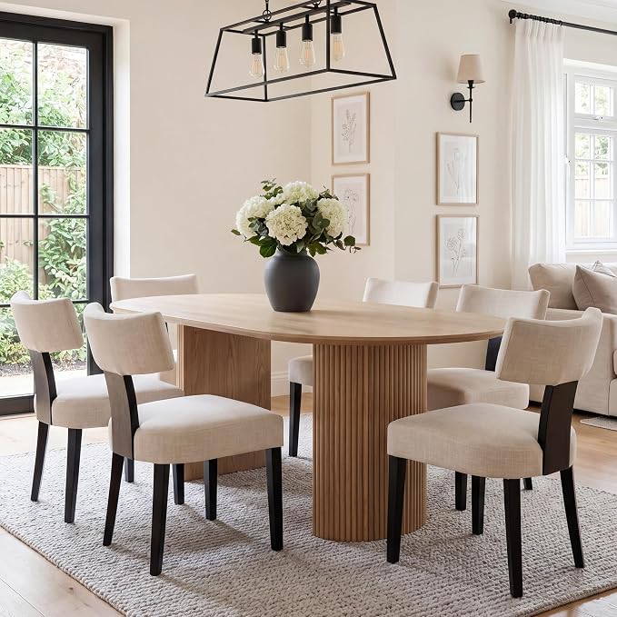 HNY Mid Century Modern Farmhouse Dining Chairs Set of 6, Linen Upholstered Accent Curved Backrest Kitchen Chairs, with Black Hardwood Frame, Beige