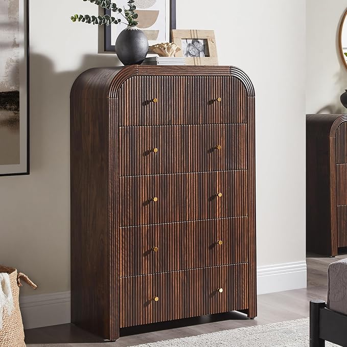 T4TREAM Fluted 5 Drawers Dresser, 48" Tall Modern Chest of Drawers with Thickened Curved Profile Design, Wood Closet Clothes Storage Organizer for Bedroom, Living Room, Hallway, Dark Walnut