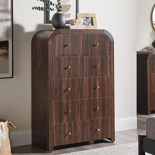 T4TREAM Fluted 5 Drawers Dresser, 48" Tall Modern Chest of Drawers with Thickened Curved Profile Design, Wood Closet Clothes Storage Organizer for Bedroom, Living Room, Hallway, Dark Walnut