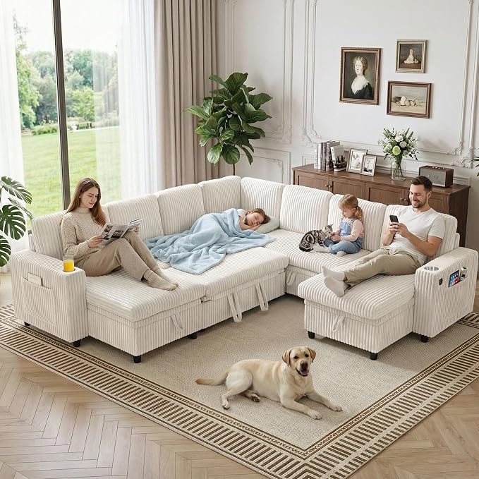 Modular Sectional Sleeper Sofa with Pull Out Bed, Plush Corduroy L Shaped Couch with Storage Chaise, USB Ports, Cup Holders, Comfy Cloud Couches for Living Room, Beige