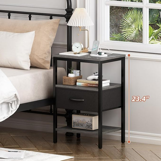 SUPERJARE Nightstand Set of 2, Bed Side Tables with Charging Station, Adjustable Fabric Drawer, Night Stand for Bedroom, 3-Tier Storage End Tables, for Living Room - Charcoal Gray