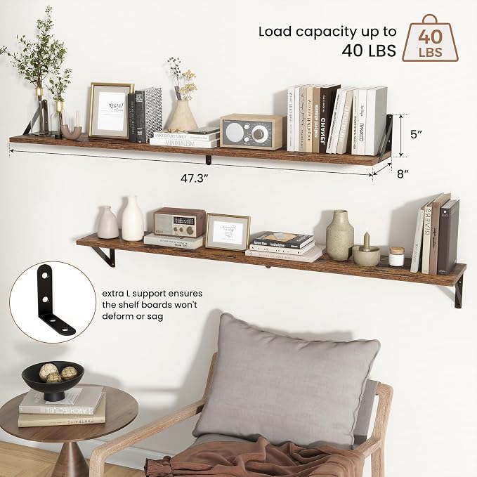 Axeman 48 Inch Floating Shelves | 8 Inch Deep Brown Wall Shelves Set of 2 | 47.3" W x 8" D Rustic Brown Wood Shelves for Bathroom Kitchen Living Room