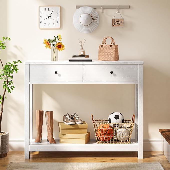 Gizoon Console Table with Drawers, Sofa Table with Storage Shelves, 2-Tier Wooden Entryway Table for Living Room, Kitchen, Hallway, Foyer, White