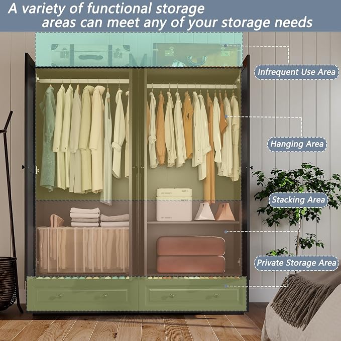 Armoire Wardrobe Closet with Drawers: 74" Black Tall Wardrobe Cabinet with Hanging Rod, Wooden Closet with 4 Doors and 2 Drawers, Modern Bedroom Armoires