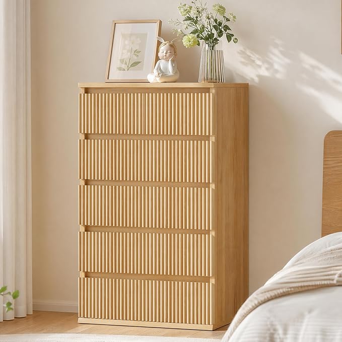 Jocoevol Fluted 6 Drawer Dresser for Bedroom, Modern Wood Chest of Drawers, Tall Storage Dresser with Deep Drawers, Handleless Floor-Standing Dresser for Bedroom, Living Room, Entryway, Natural Oak