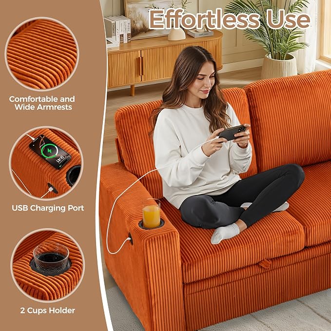 Sectional Sleeper Sofa with Pull Out Bed, Plush Corduroy L Shaped Corner Couch with Storage, USB Ports, Cup Holders, Comfy Sectional Couches for Living Room, Orange