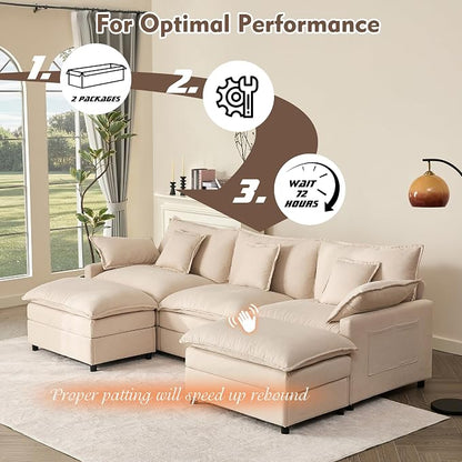 GOSUHI 108" U-Shaped Modular Cloud Couch, Deep Seat, Linen Beige | Cloud Comfort, Couches for Living Room, Removable & Machine-Washable Covers, Movable Ottoman, Modular Sectional Sofa