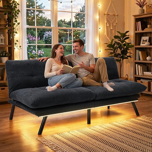 YITAHOME Convertible Futon Sofa Bed with Adjustable 3 Color Light Strip, 70" Folding Futon Set for Living Room Home Office Aprtment, Modern Futon Couch with Adjustable Backrest & Armrests, Black