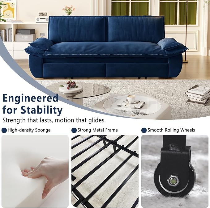 70.1" Sofa Bed Queen Size, Pull Out Couch Bed, 3-in-1 Convertible Sleeper Sofa with Cushion Armrest, Modern Velvet Futon Couch for Living Room, Small Space, Apartment, Bedroom, Blue